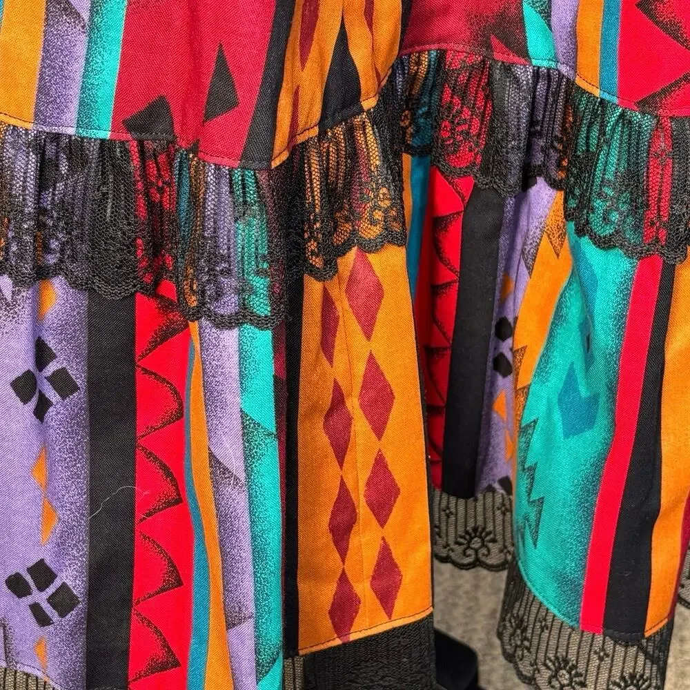 Vintage Handmade Southwestern Geometric Flowing Midi Skirt Lace Trim‎ Boho Ranch
